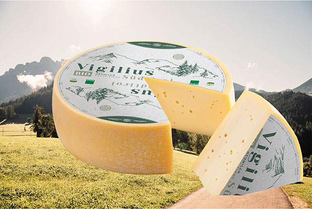 Bild von einer Südtiroler Landschaft, im Vordergrund der Bio Vigilus Käse
